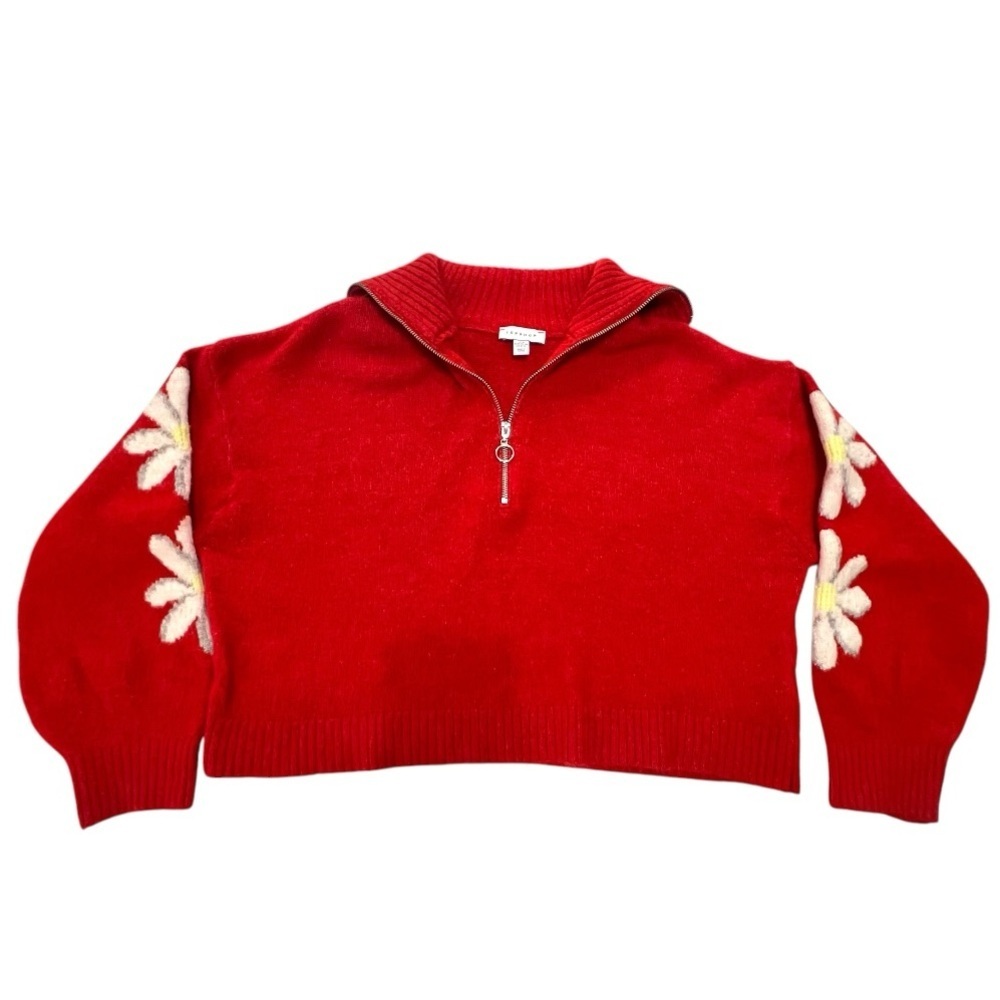 TOPSHOP Red Daisy Quarter Zip Collared Crop Cozy Knit Sweater Womens 10 - Picture 5 of 15